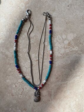 Anklet - Beaded Pineapple Pendant Layered Necklace - Turquoise, Blue, Red, White